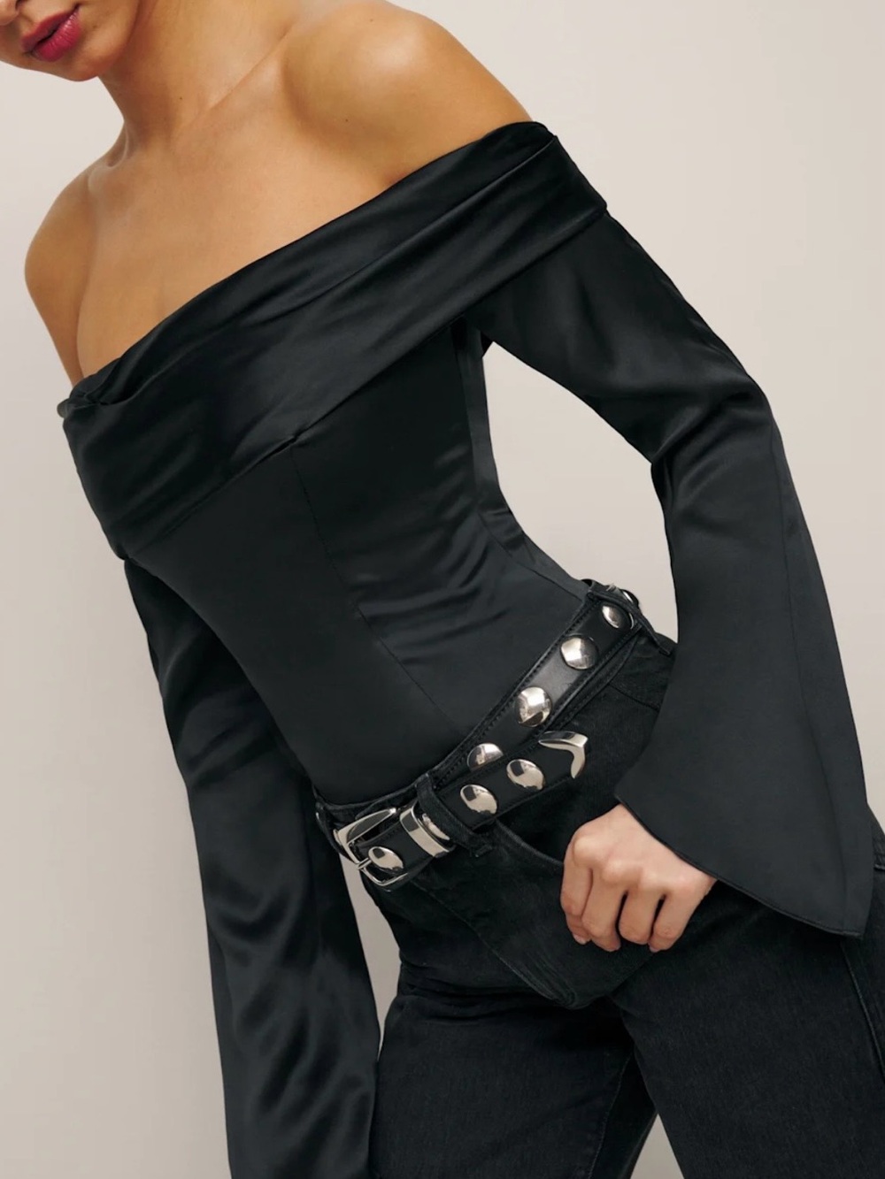 Reformation Niri Silk Off the Shoulder Black Top